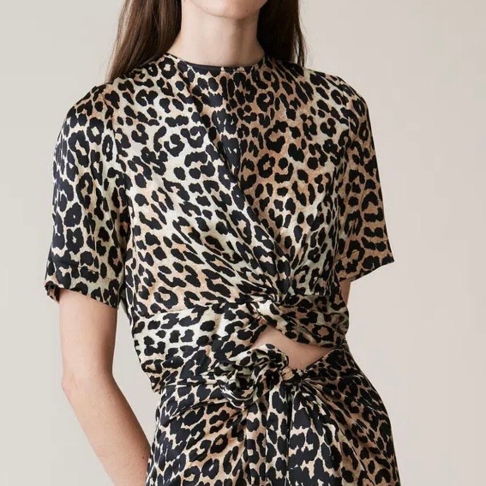 Ganni Leopard Print Twist Front Short Sleeve Top - Black, Tan
